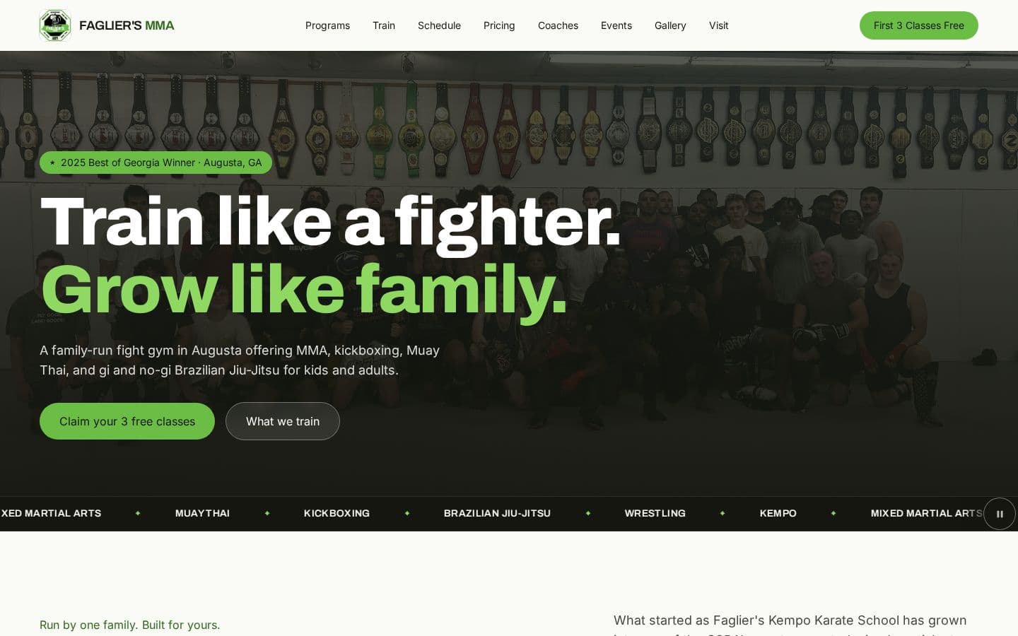 The Faglier's Mixed Martial Arts launch page shown on desktop