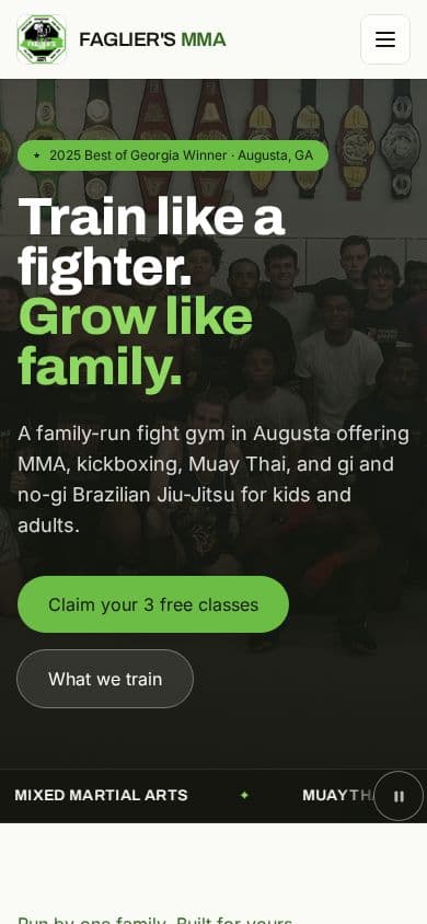 The Faglier's Mixed Martial Arts launch page shown on a phone