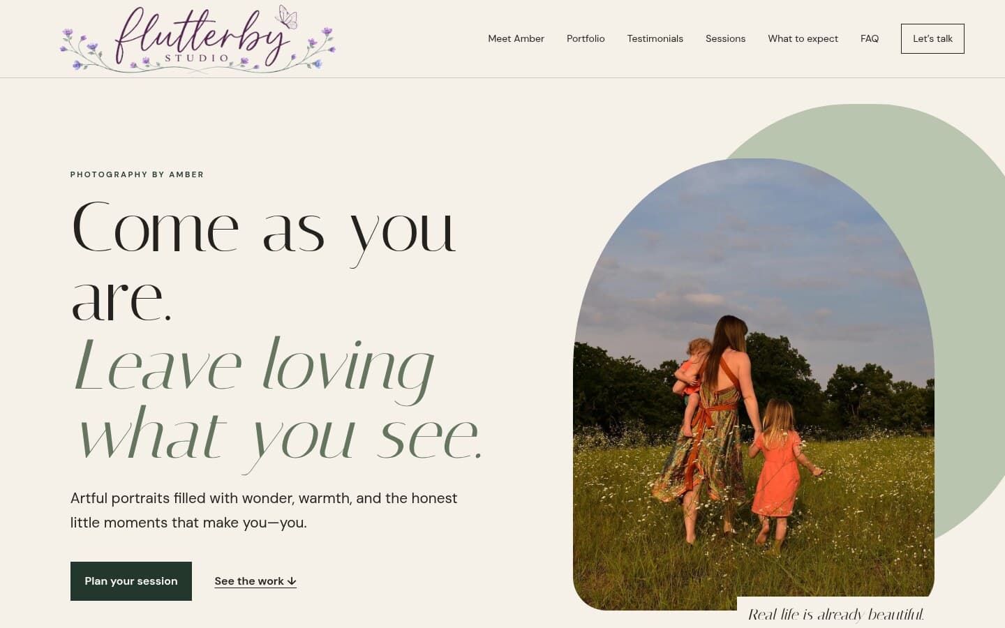 The Flutterby Studio photography launch page shown on desktop