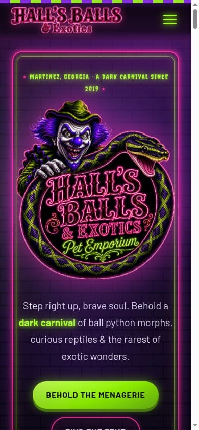 The Hall's Balls & Exotics launch page shown on a phone